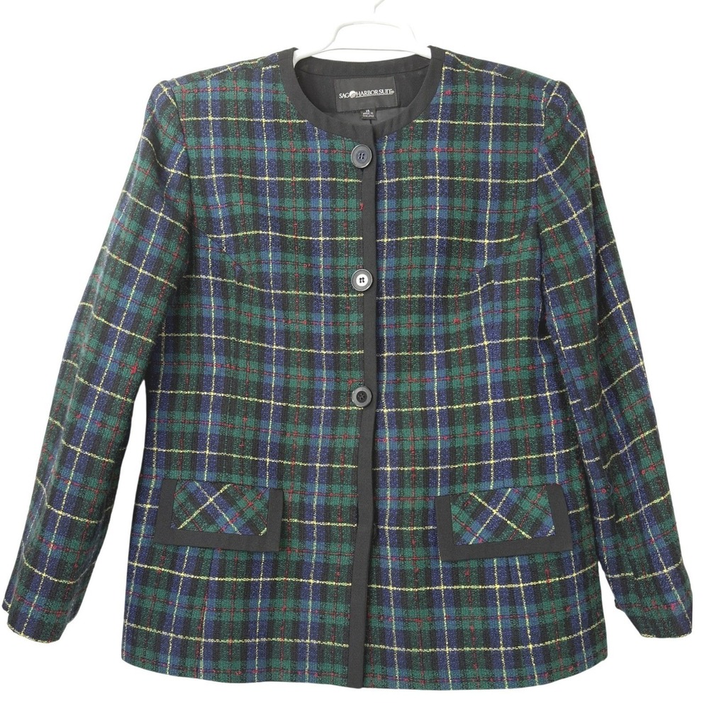 Vintage Sag Harbor Plaid Blazer Jacket Green Tartan Collarless Lined Size 14